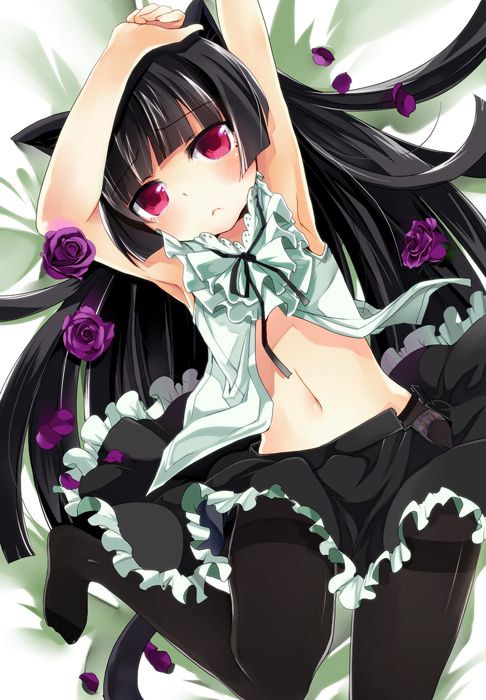 black_hair, blush, flower, frills, gokou_ruri, gothic_lolita, kaisanbutsu, lolita_fashion