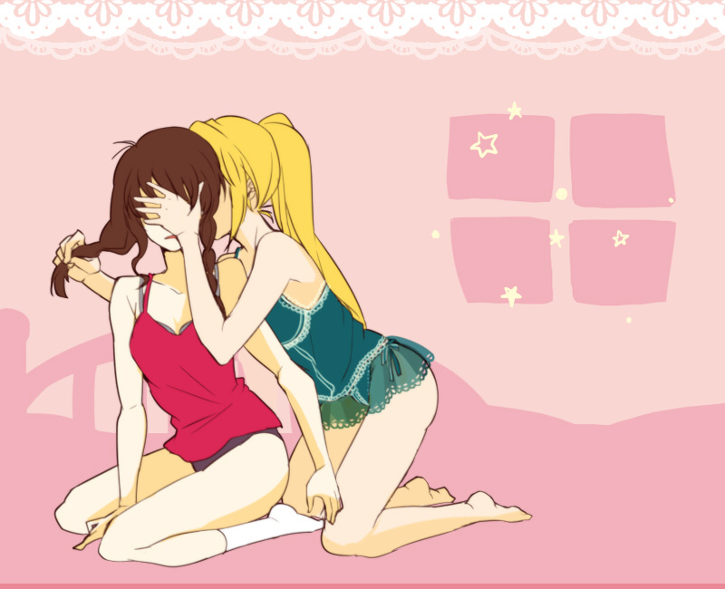 bare_shoulders, barefoot, black_panties, blonde_hair, braid, brown_hair, camisole, covering_eyes