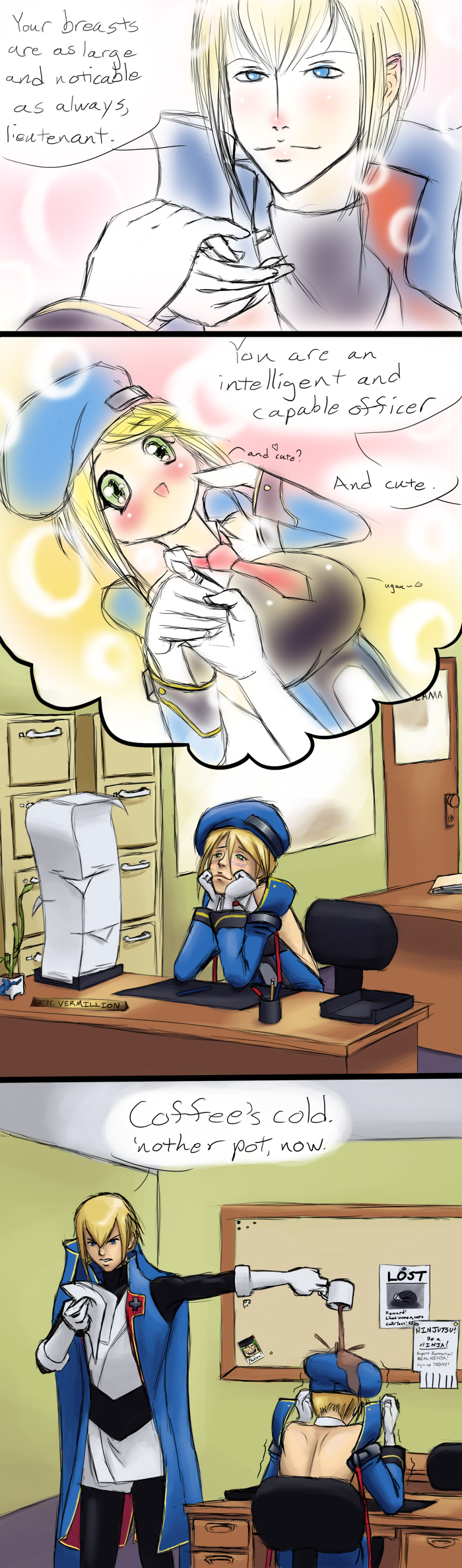 1boy, 1girl, abuse, arakune, back, bare_shoulders, beret, blazblue