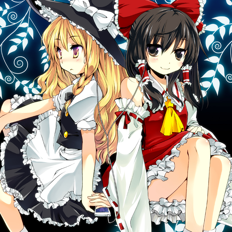 black_eyes, black_hair, blonde_hair, braid, frills, hair_ribbon, hakurei_reimu, hat