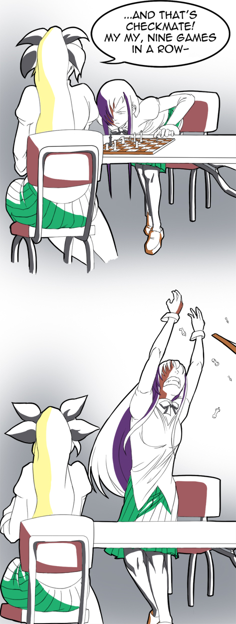 2koma, blonde_hair, board_game, chair, chess, chess_piece, chessboard, comic
