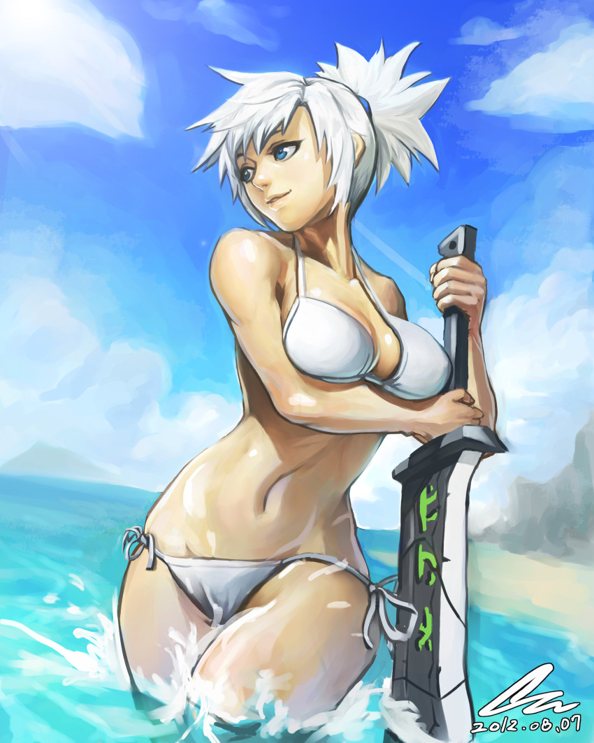 absurdres, bikini, blue_eyes, breasts, cloud, clouds, highres, league_of_legends, navel, ocean, oz_(gerbera7), riven_(league_of_legends), side-tie_bikini, sky, solo, swimsuit, water, white_bikini, white_hair