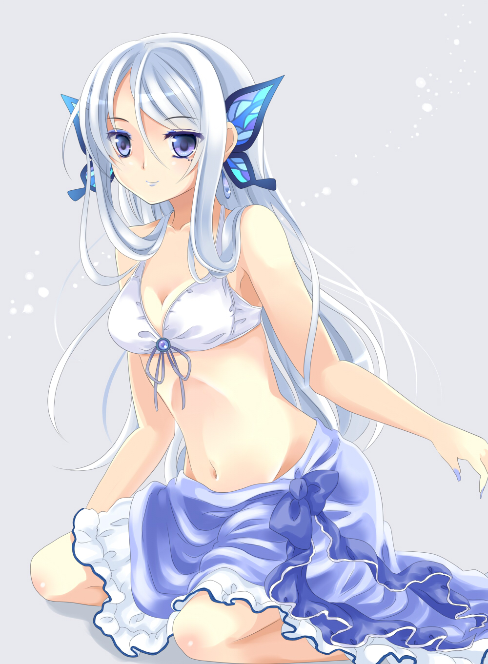 blue_eyes, blush, breasts, butterfly, butterfly_hair_ornament, cleavage, earrings, eyeshadow, front-tie_top, hair_ornament, highres, jewelry, king_of_fighters, king_of_fighters_maximum_impact, lipstick, long_hair, luise_meyrink, makeup, midriff, mole, nail_polish, puracotte, silver_hair, smile, solo