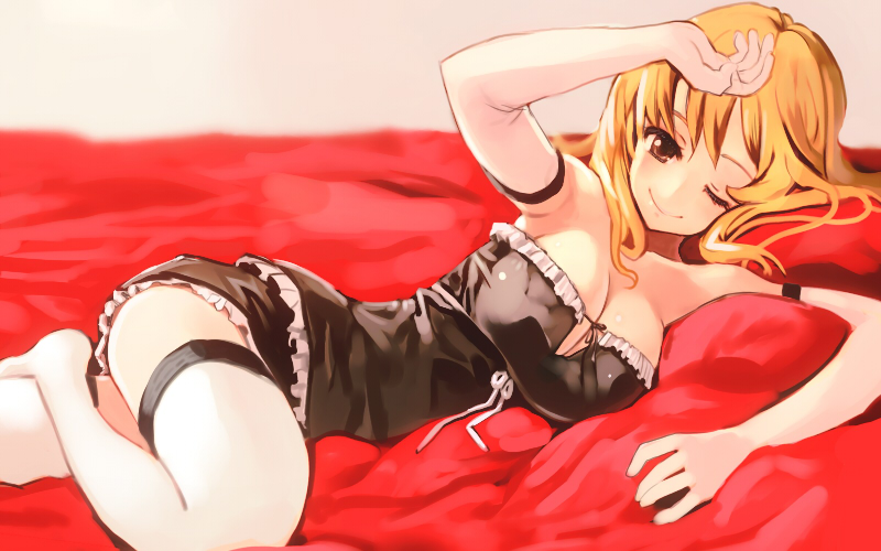 bare_shoulders, blonde_hair, breasts, chimochimo, elbow_gloves, gloves, looking_at_viewer, on_side