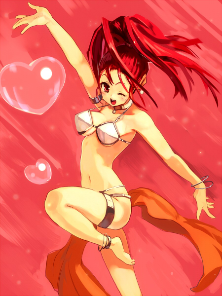 ;d, anklet, arm_up, barbara, barefoot, bikini, blush, bracelet