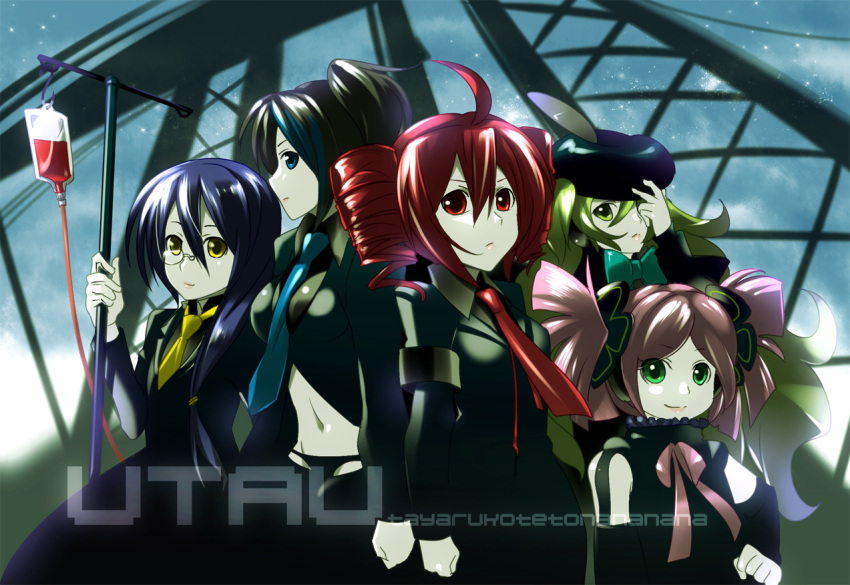 blood, blue_eyes, blue_hair, caffein, green_eyes, green_hair, haruka_nana, hat