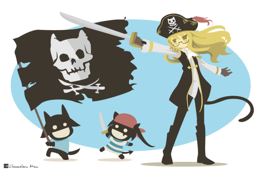 animal, ascot, blonde_hair, cat_tail, cutlass_(sword), francesca_lucchini, glasses, hat
