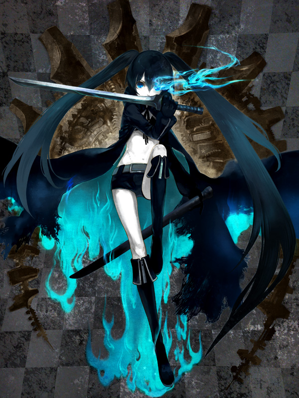 black_rock_shooter, black_rock_shooter_(character), blue_eyes, boots, gloves, glowing, glowing_eyes, green_hair