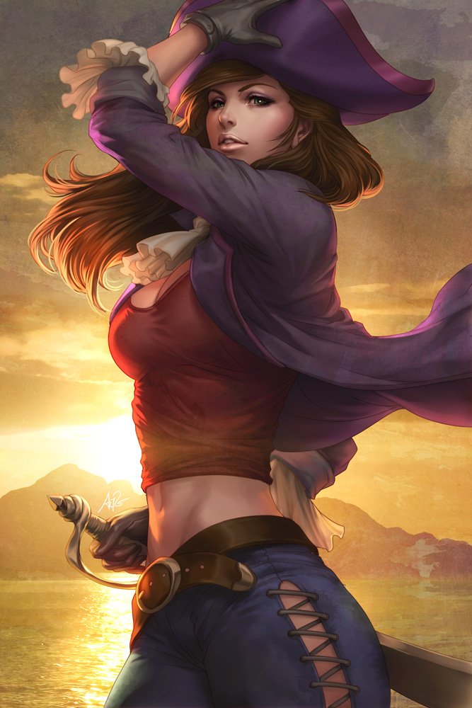 belt, blue_eyes, breasts, brown_hair, cleavage, cloud, clouds, cravat