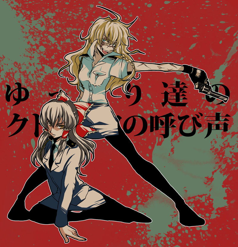 ahoge, balalaika, balalaika_(cosplay), black_lagoon, blonde_hair, bow, braid, brown_eyes