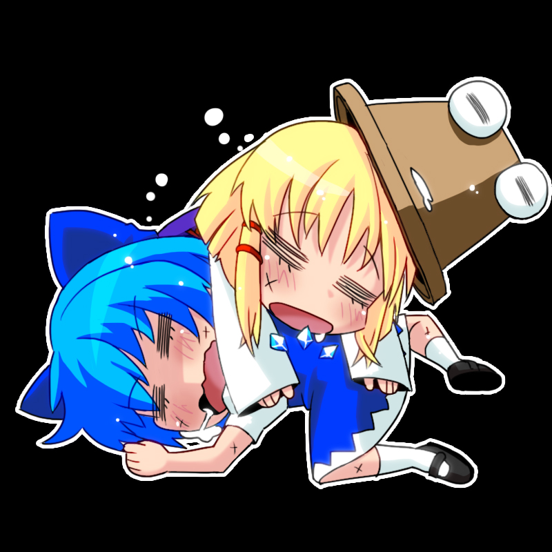=_=, blonde_hair, blue_hair, blush, bow, cirno, closed_eyes, eyes