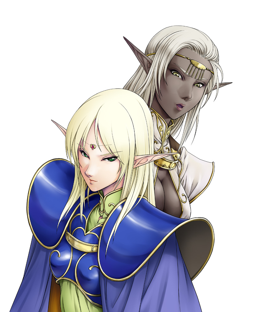 aritani_mahoro, armor, blonde_hair, cape, dark_elf, dark_skin, deedlit, elf, green_eyes, jewelry, lips, long_hair, lookind_down, looking_down, multiple_girls, parted_lips, pirotess, pointy_ears, record_of_lodoss_war, silver_hair, white_background, yellow_eyes