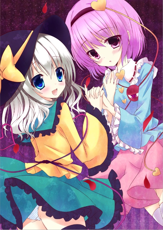2girls, black_legwear, blue_eyes, blush, hairband, hand_holding, heart, holding_hands