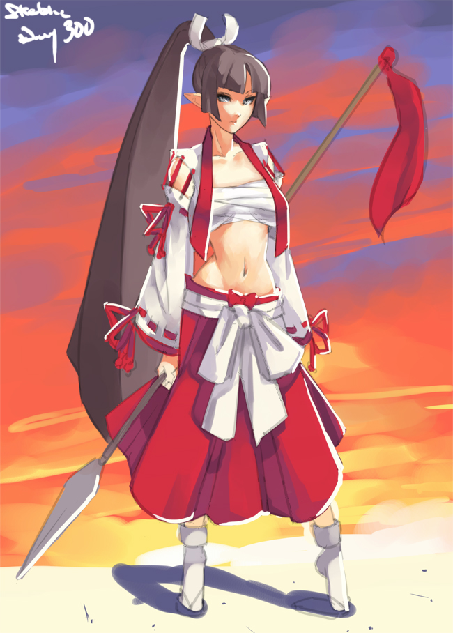 black_hair, breasts, colored, demon_girl, detached_sleeves, disgaea, eu03, hakama, japanese_clothes, lance, lineart, long_hair, midriff, navel, pointy_ears, polearm, ponytail, ronin_(disgaea), sarashi, slender_waist, solo, tabi, very_long_hair, weapon