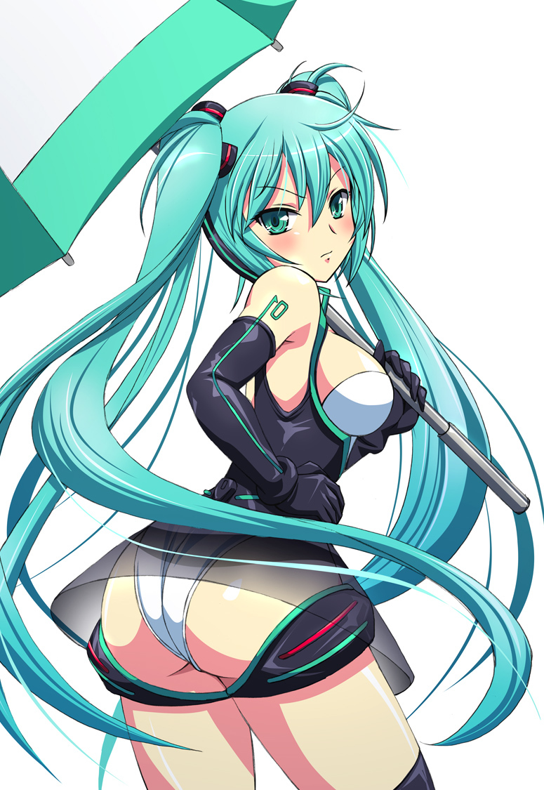 >:|, alternate_costume, aqua_hair, blush, elbow_gloves, gloves, green_eyes, hand_on_hip, hatsune_miku, hips, long_hair, looking_back, race_queen, racequeen, shimamoto_utsumi, simple_background, solo, thigh-highs, thighhighs, twintails, umbrella, very_long_hair, vocaloid, white_background