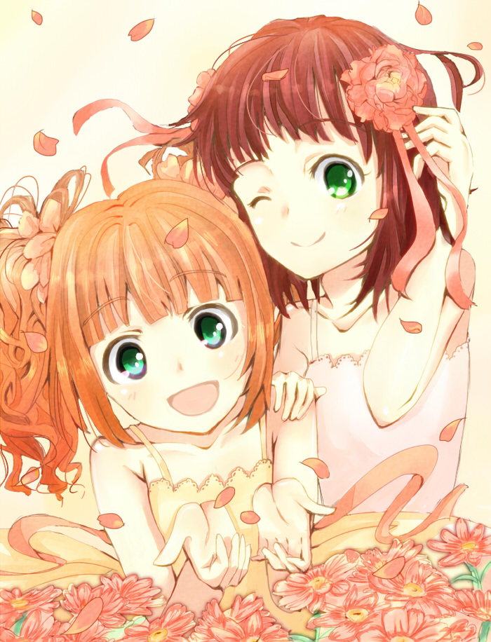 2girls, ;), amami_haruka, brown_hair, flower, green_eyes, hair_ornament, idolmaster
