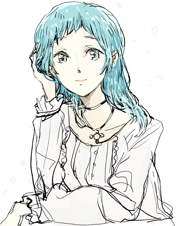 1girl, adult, alternate_hairstyle, aqua_eyes, aqua_hair, bust, jewelry, long_hair
