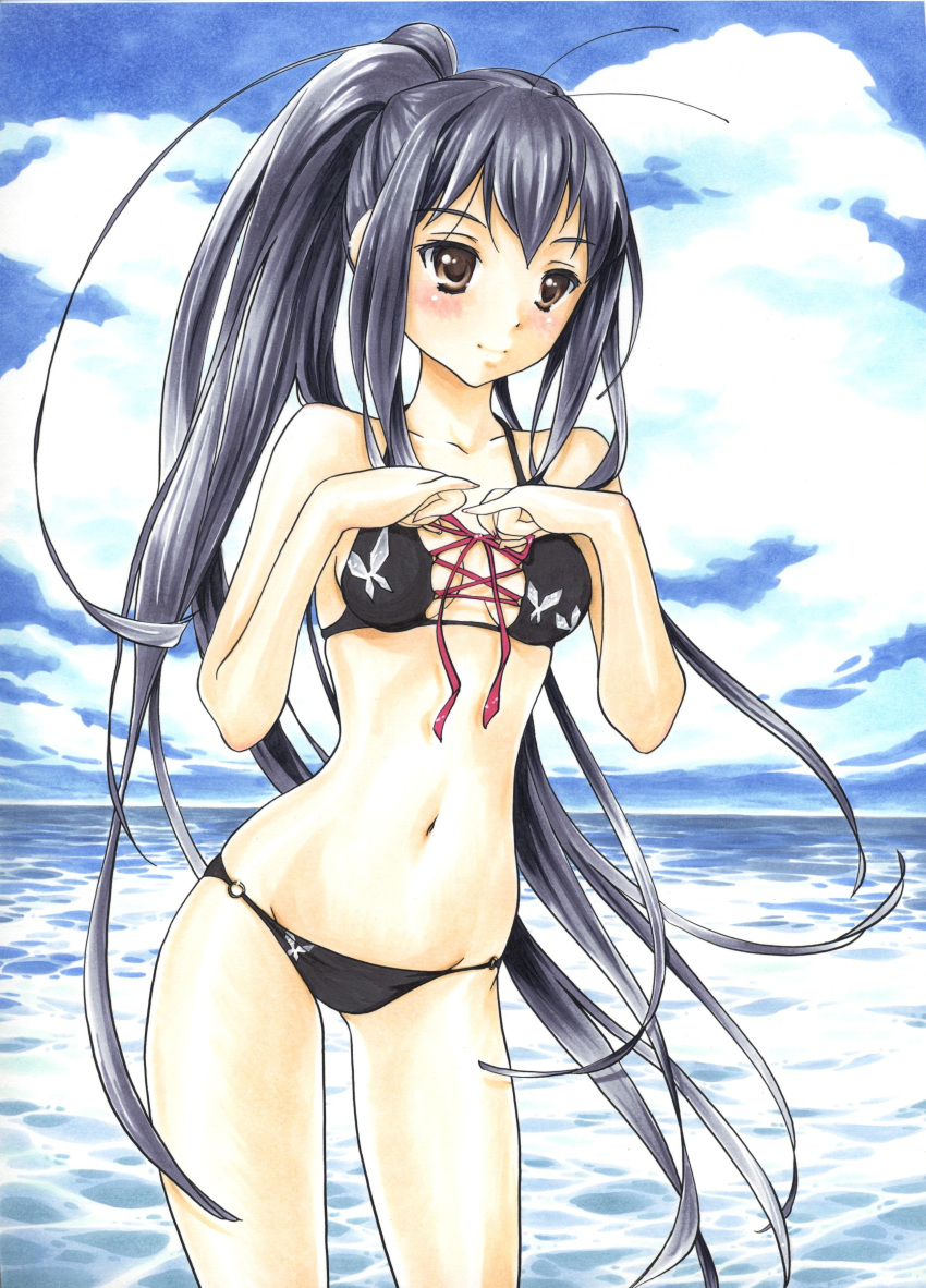 1girl, absurdres, accel_world, antenna_hair, asahina_kirin, bikini, black_hair, blush, brown_eyes, butterfly_print, hair_up, hands_together, highres, kuroyukihime, long_hair, partially_submerged, ponytail, smile, solo, swimsuit, water