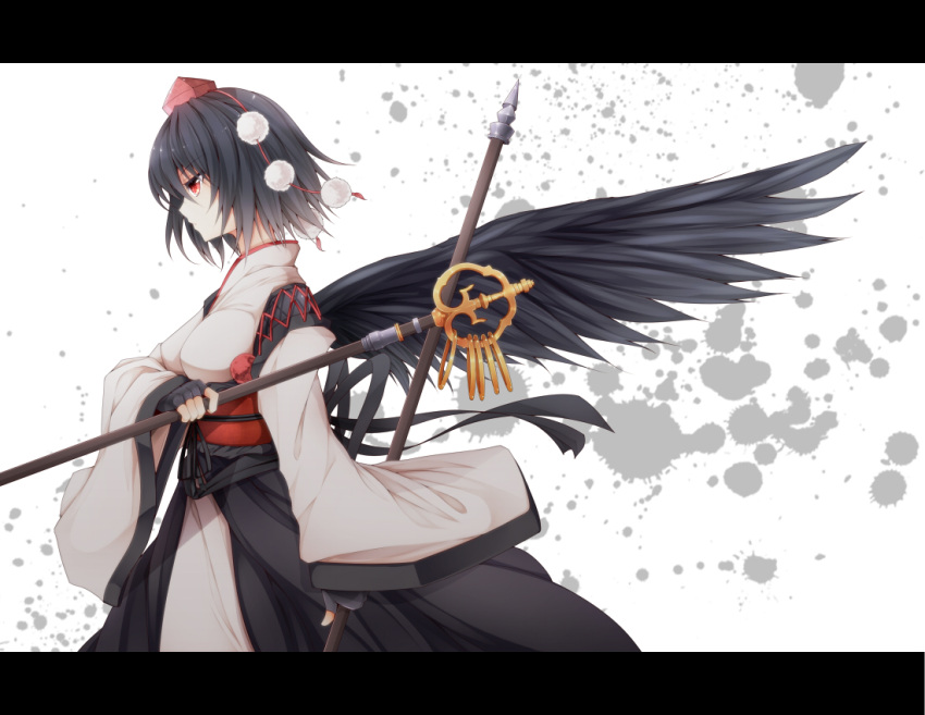 alternate_costume, black_hair, black_wings, gloves, hat, kourindou_tengu_costume, letterboxed, midori_(misuriru8), obi, red_eyes, shameimaru_aya, short_hair, solo, staff, staffs, tokin_hat, touhou, weapon, wings