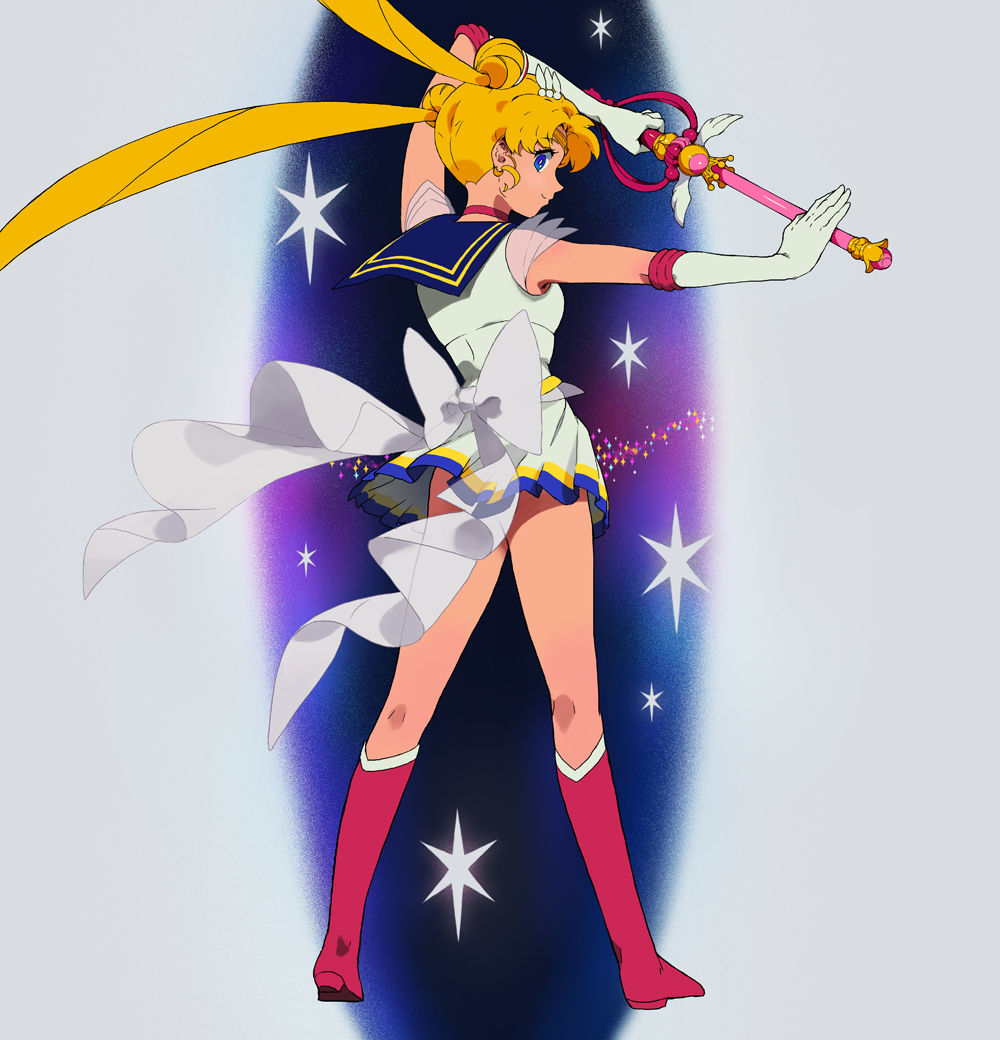 bishoujo_senshi_sailor_moon, blonde_hair, blue_eyes, kaleidomoon_scope, looking_back, riqurr, sailor_moon, school_uniform, serafuku, skirt, smile, solo, super_sailor_moon, tsukino_usagi, twintails