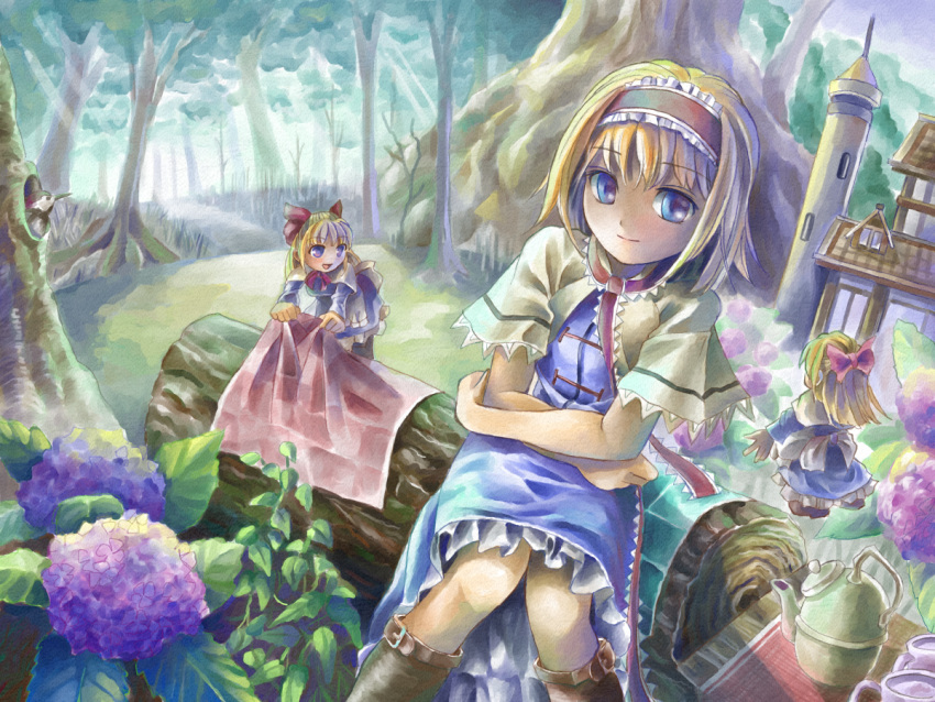 alice_margatroid, animal, bird, blonde_hair, blue_eyes, blush, boots, bow