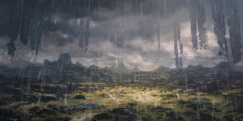 crumbling, ddal, grass, lightning, mountain, no_humans, rain, scenery