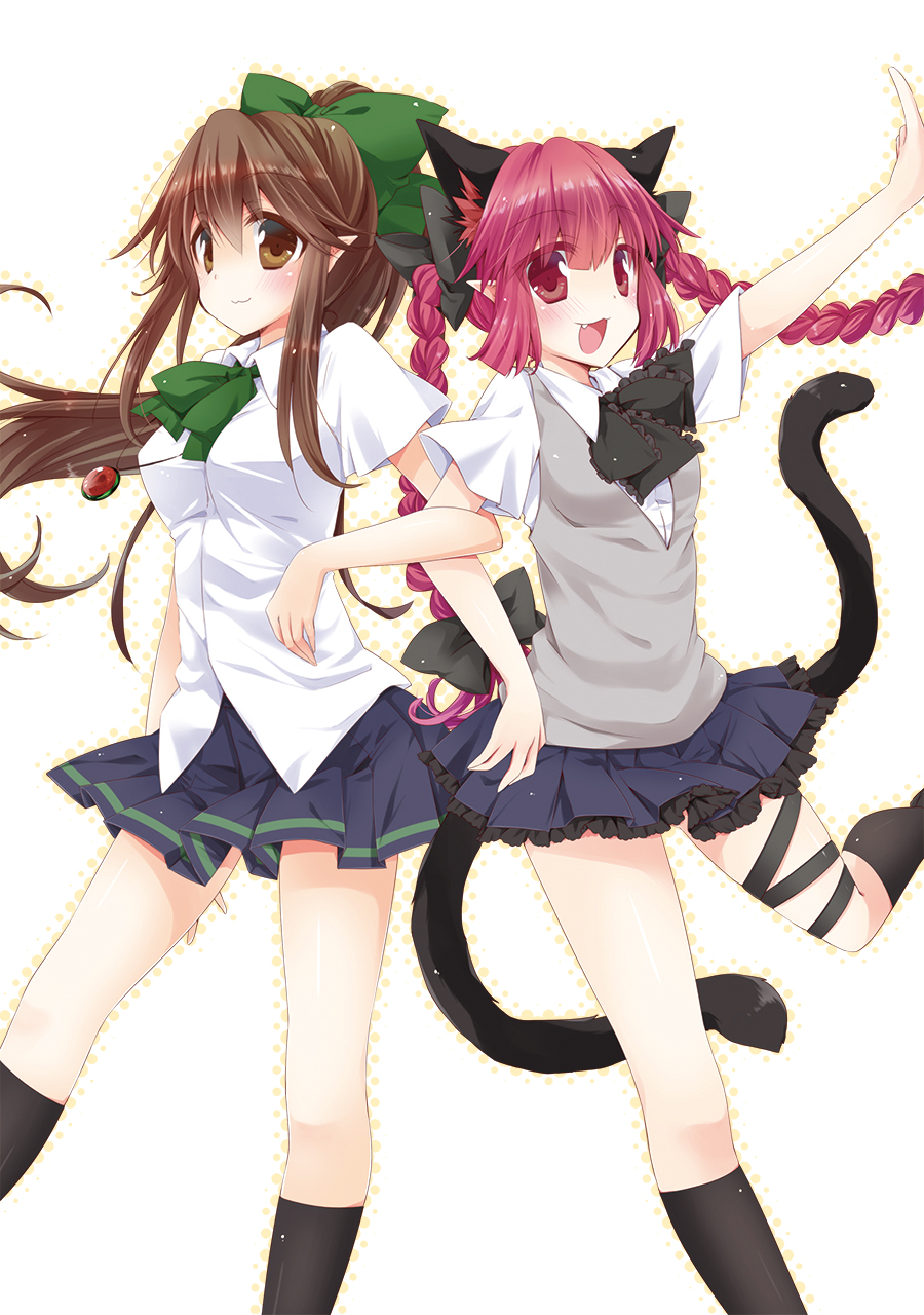 alternate_costume, animal_ears, blush, bow, braid, brown_eyes, brown_hair, cat_ears