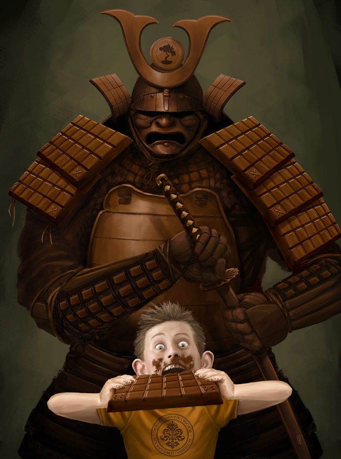 1boy, blue_eyes, brown_hair, chocolate, chocolate_bar, chocolate_on_face, eating, eric_vedder