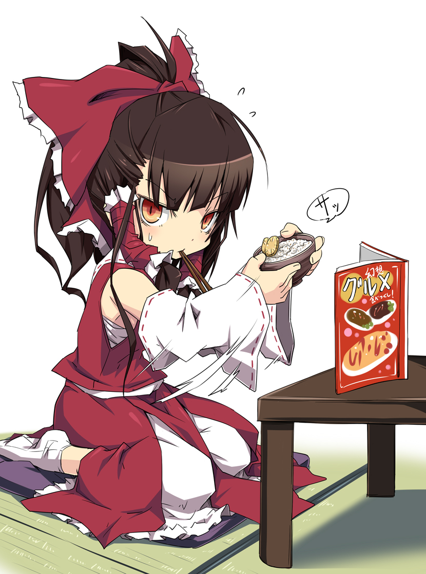 bare_shoulders, bow, bowl, brown_hair, chopsticks, detached_sleeves, eating, hair_bow