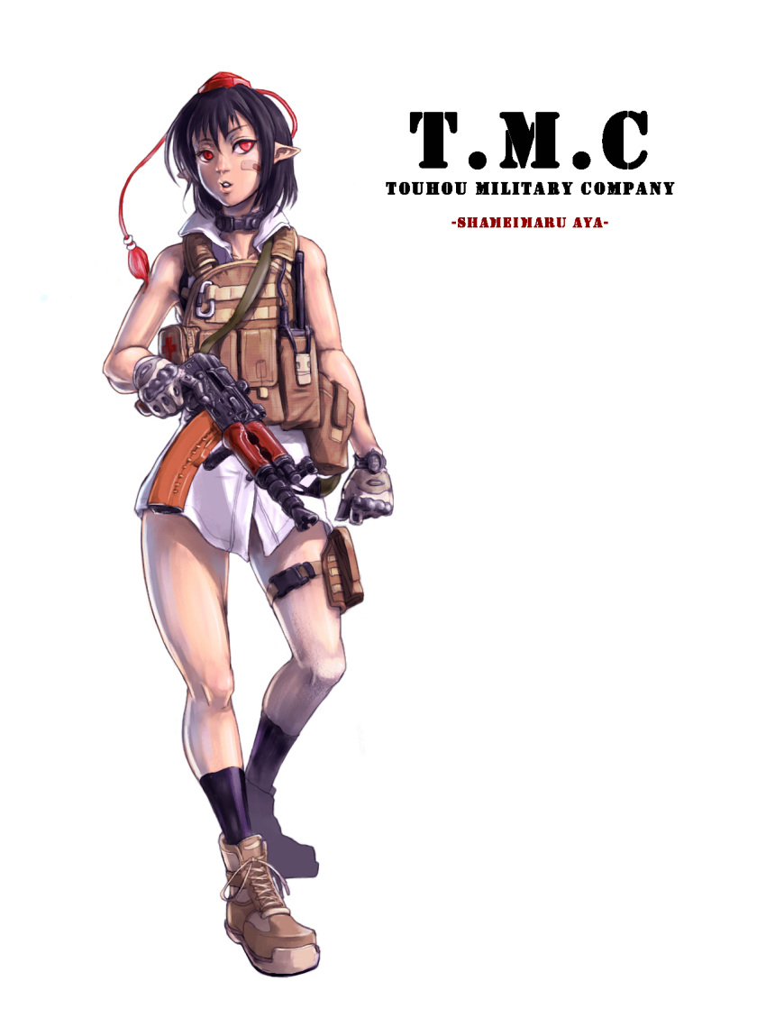 aks-74u, assault_rifle, bandaid, black_hair, boots, fingerless_gloves, gloves, gun