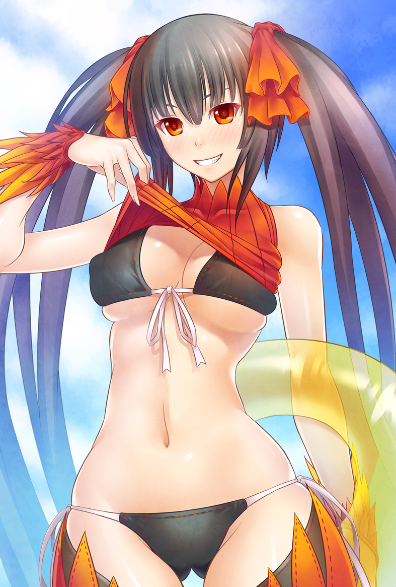 aka_(shoumae), bikini, black_hair, blush, breasts, cloud, clouds, erect_nipples