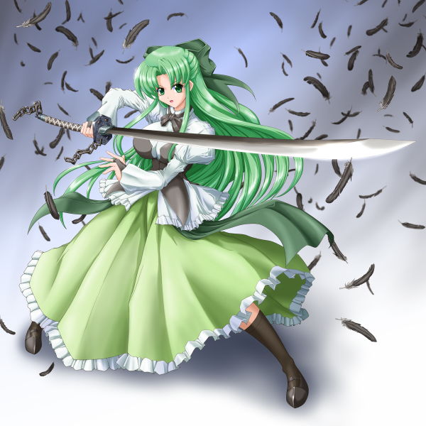 1girl, black_feathers, fia, green_eyes, green_hair, katana, open_mouth, pixiv_thumbnail