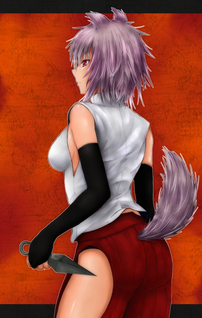 alternate_weapon, animal_ears, ass, bare_shoulders, breasts, bridal_gauntlets, highres, inubashiri_momiji