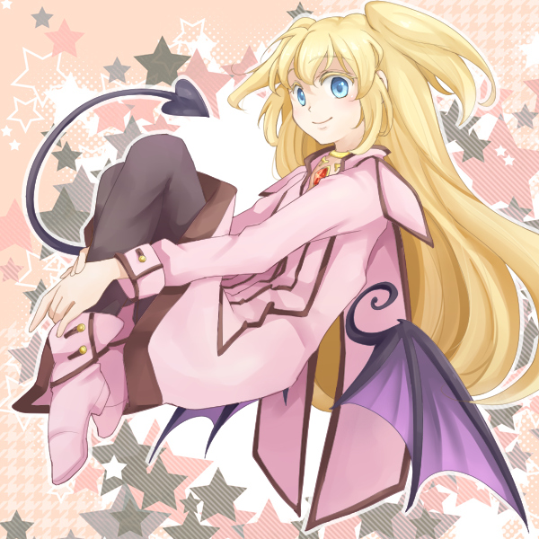 alternate_color, bat_wings, black_legwear, blonde_hair, blue_eyes, coat, colette_brunel, colored_eyelashes