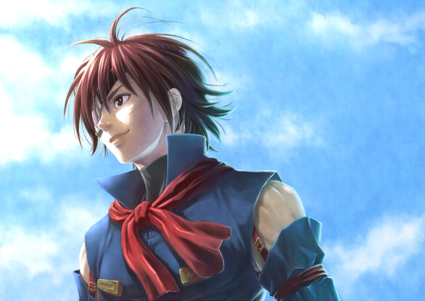 bad_id, brown_eyes, brown_hair, buckle, cloud, clouds, detached_sleeves, eternal_arcadia