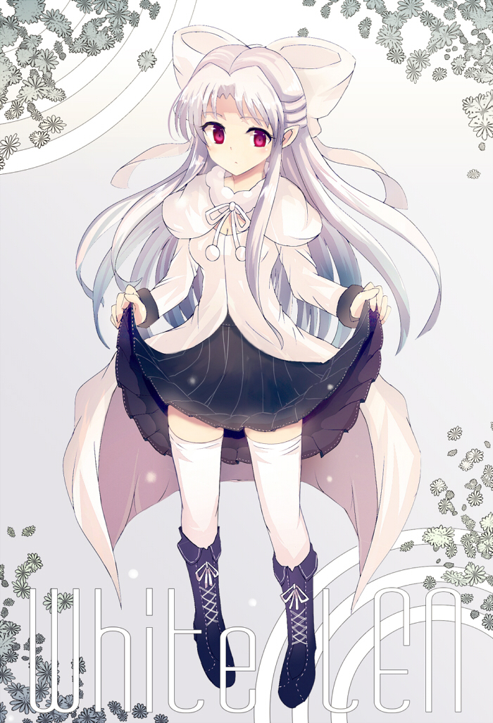 alternate_legwear, blush, boots, bow, character_name, hair_bow, half_updo, long_hair