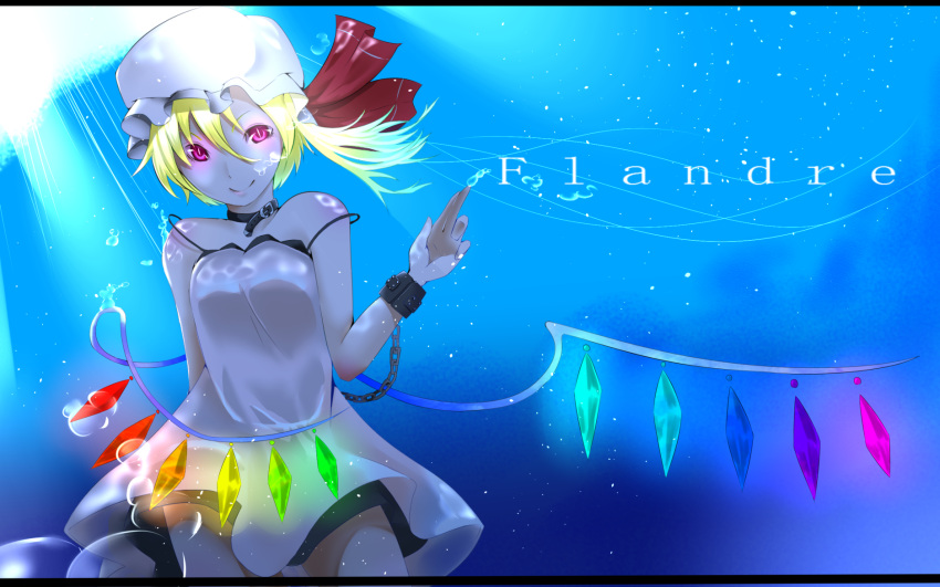 5656_(lux_door), blonde_hair, blue, buckle, character_name, crystal, cuffs, flandre_scarlet