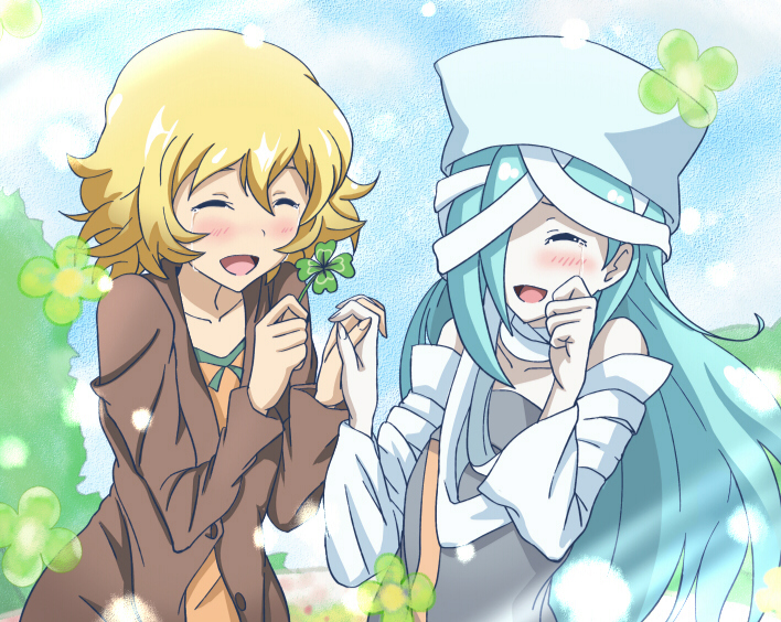 :d, ^_^, angel_(sengoku_collection), aqua_hair, banboro_(technobot), blonde_hair, blush, closed_eyes