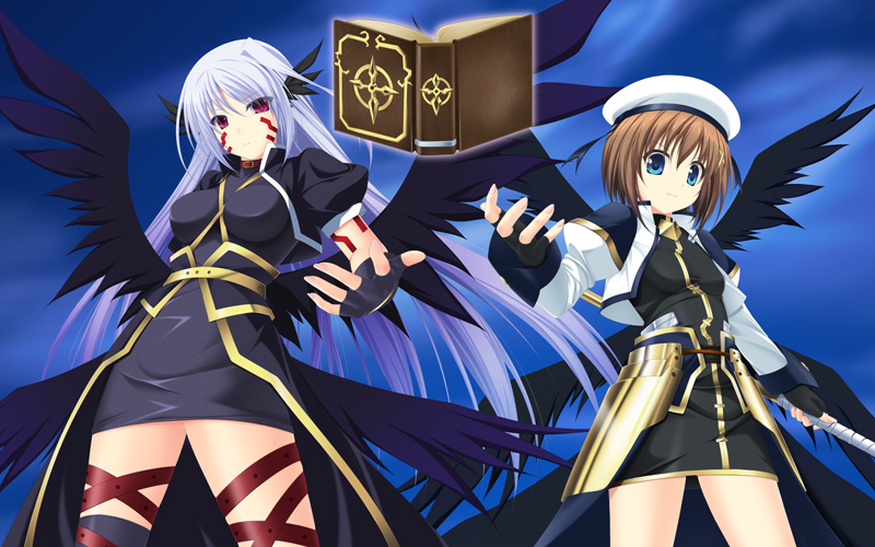amicis, black_wings, blue_eyes, book, brown_hair, facial_mark, fingerless_gloves, gloves