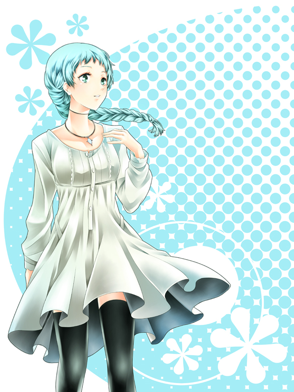 adult, aqua_eyes, aqua_hair, arkatopia, black_legwear, braid, dress, jewelry