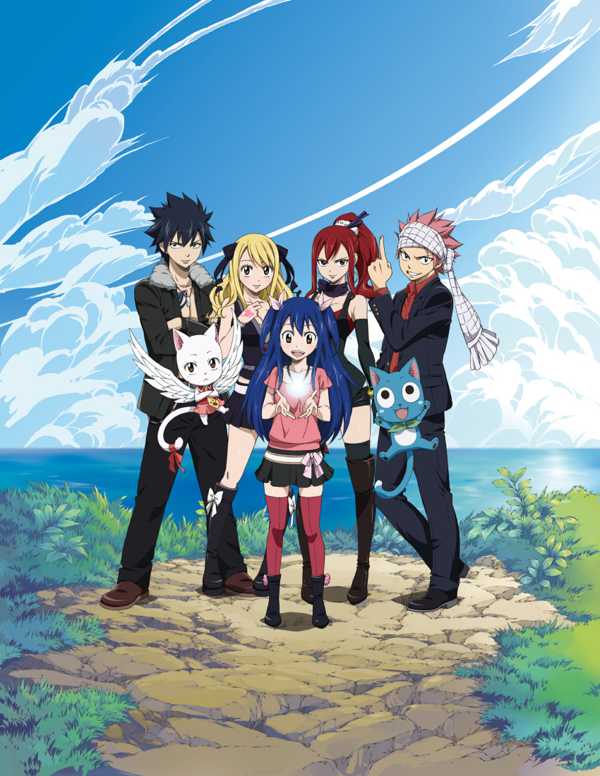 black_eyes, black_hair, blonde_hair, blue_hair, boots, brown_eyes, cat, charle_(fairy_tail), cliff, cloud, clouds, earrings, erza_scarlet, everyone, fairy_tail, fur_collar, gray_fullbuster, hair_ribbon, happy_(fairy_tail), headband, highres, jewelry, knee_boots, long_hair, lucy_heartfilia, magic, miniskirt, natsu_dragneel, necklace, no_undershirt, ocean, official_art, outdoors, pants, pink_hair, pointing, pointing_up, ponytail, red_hair, redhead, ribbon, scarf, short_hair, skirt, smile, spiked_hair, spiky_hair, tail, tail_ribbon, tattoo, thigh-highs, thigh_boots, thighhighs, twintails, wavy_hair, wendy_marvell, wings