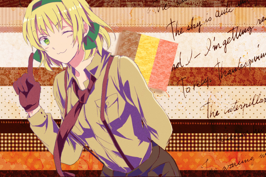 1girl, :3, axis_powers_hetalia, belgian_flag, belgium_(hetalia), blonde_hair, breast_pocket, english