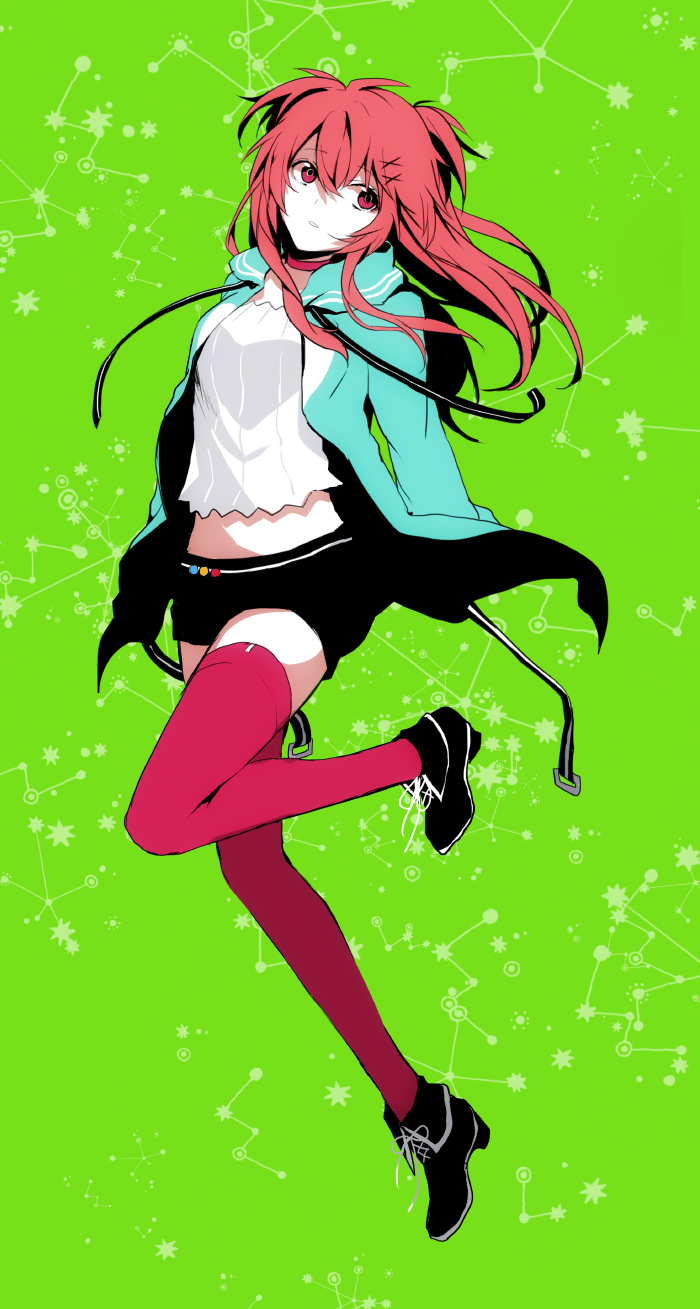 choker, highres, jacket, midriff, nanase_kanon, pink_eyes, pink_hair, short_shorts