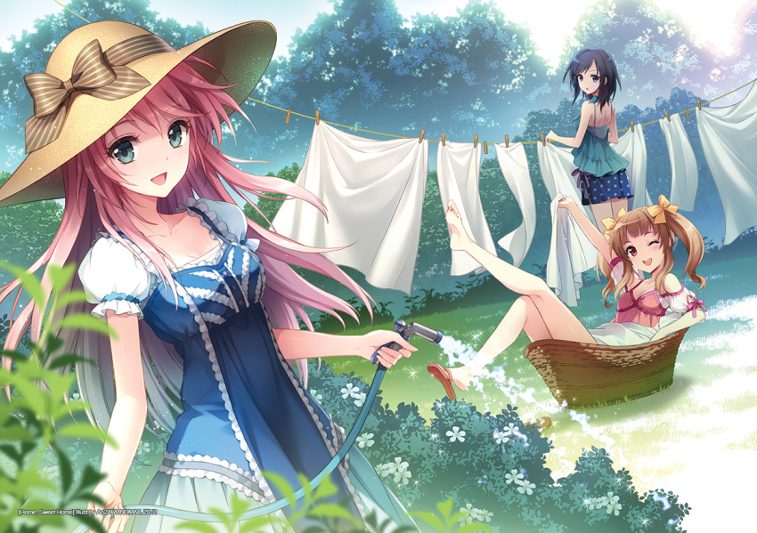 :d, ;d, an2a, aqua_eyes, artist_name, bed_sheet, black_hair, blonde_hair