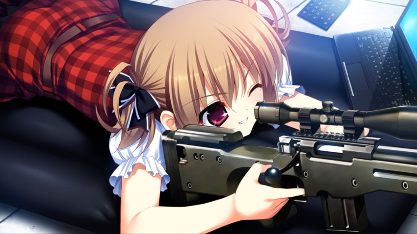 belt, bolt_action, bow, computer, dress, fumio, fumio_(ura_fmo), game_cg