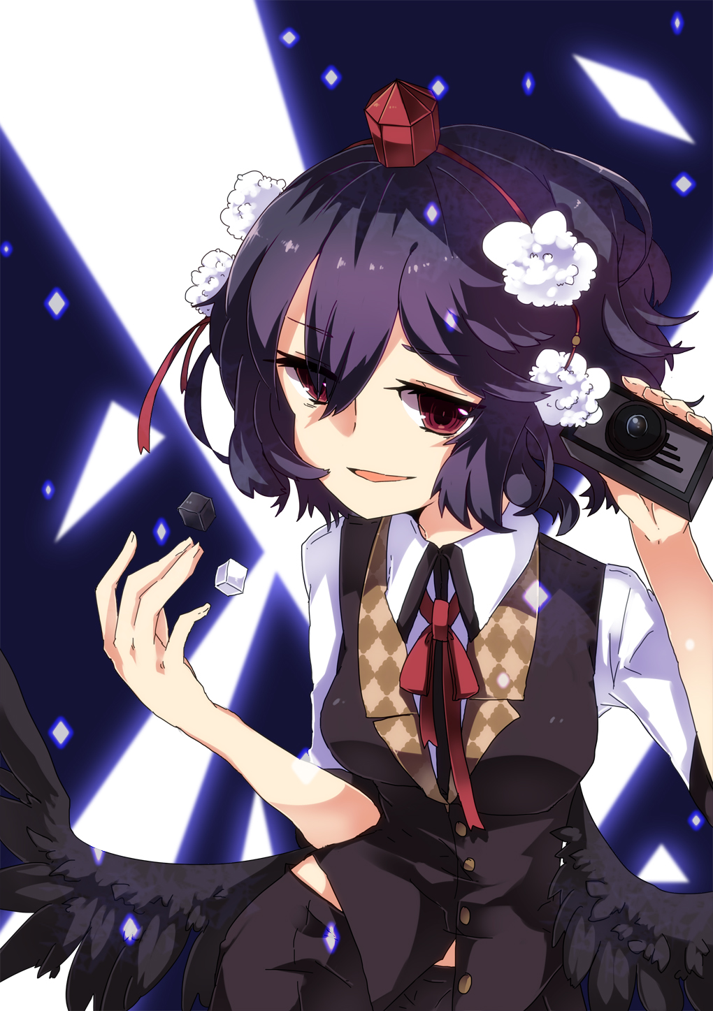 alternate_costume, bad_id, black_hair, black_wings, camera, ck, hat, highres