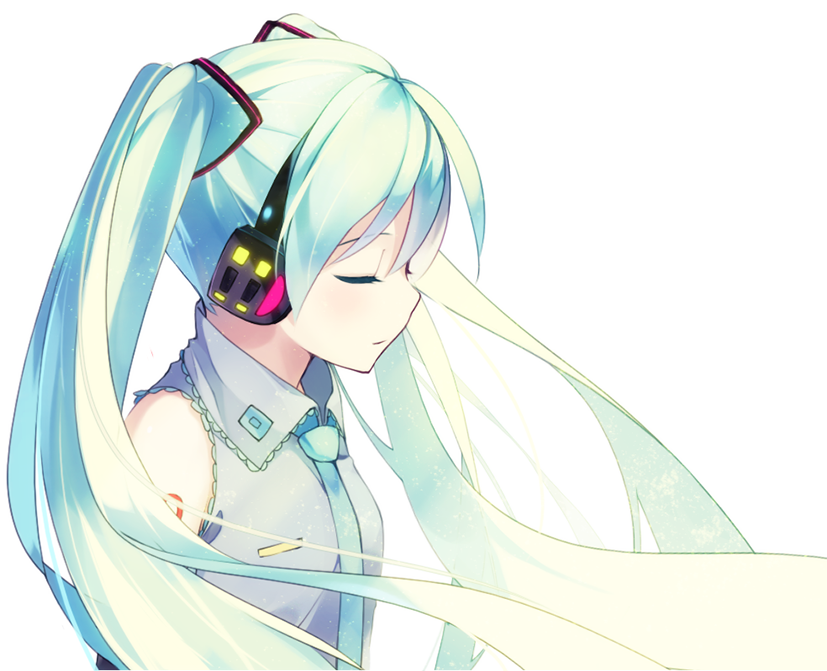 1girl, eyes_closed, haruwakame, hatsune_miku, headphones, long_hair, necktie, simple_background