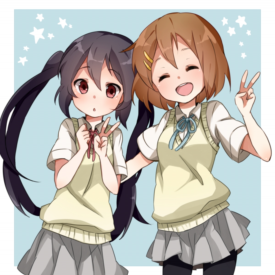 black_hair, brown_eyes, brown_hair, ebo, hirasawa_yui, k-on!, long_hair, multiple_girls, nakano_azusa, pantyhose, school_uniform, short_hair, skirt, sweater_vest, twintails, v