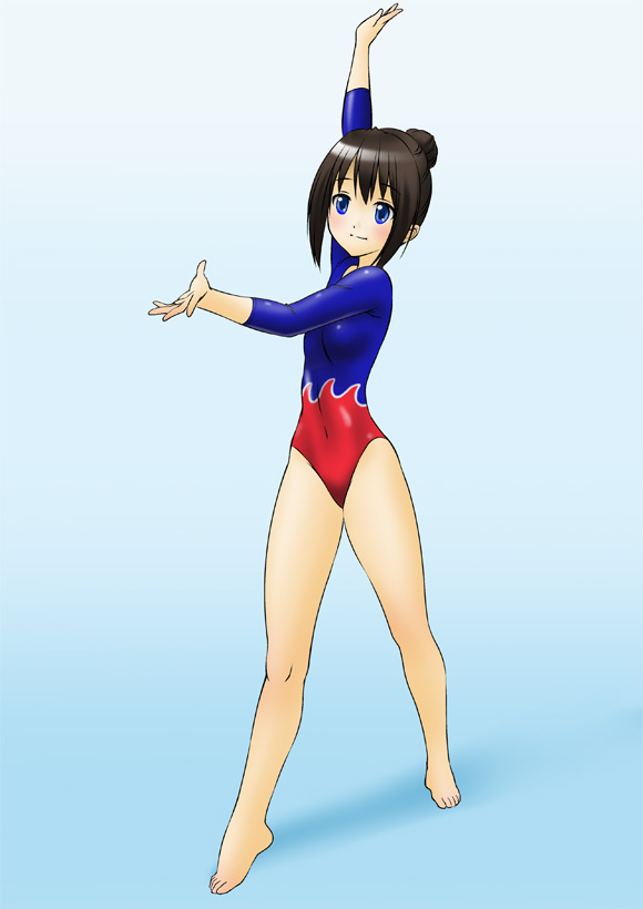 barefoot, black_hair, blue_eyes, chaborin, gymnastics, hair_bun, leotard, original
