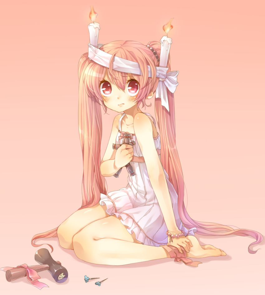 ankle_ribbon, bare_shoulders, barefoot, blush, bow, candle, collarbone, dress, feet, gradient, gradient_background, hammer, hands_on_feet, highres, holding, kneeling, long_hair, looking_at_viewer, mallet, momobako, original, personification, red_eyes, red_hair, redhead, ribbon, rojiko, simple_background, sitting, solo, sundress, twintails, very_long_hair, waraningyou, wariza